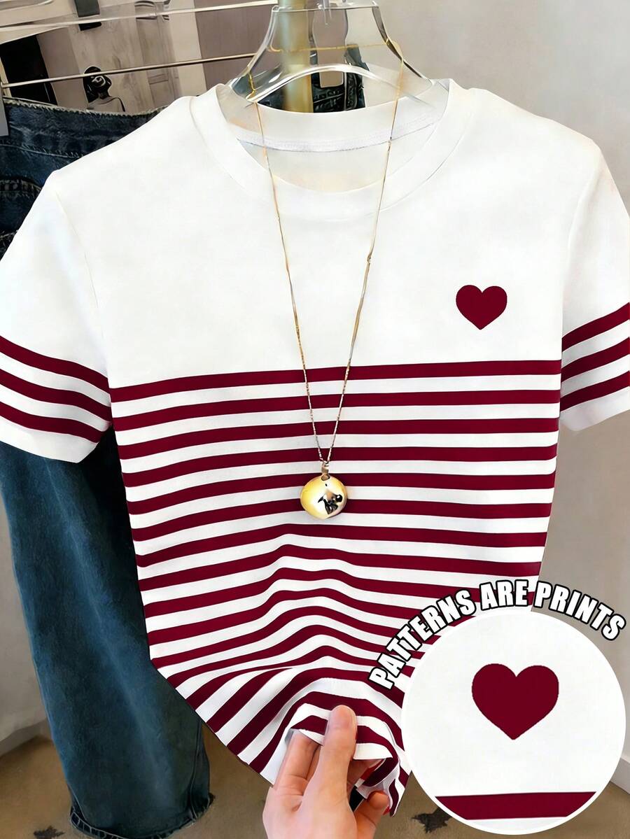 Resyla Women's Standard Fit Heart & Stripe Digital Print T-Shirt - Multicolor - View 1