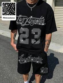 Manfinity EMRG Men's Black Rhinestone Embellished Set, Featuring Los Angeles 23 Graphic, American Streetwear Style, Suitable For Casual, Party, Date, Couple Wear, Summer, Los Angeles 23 Rhinestone Embellished Set - Black - View 1