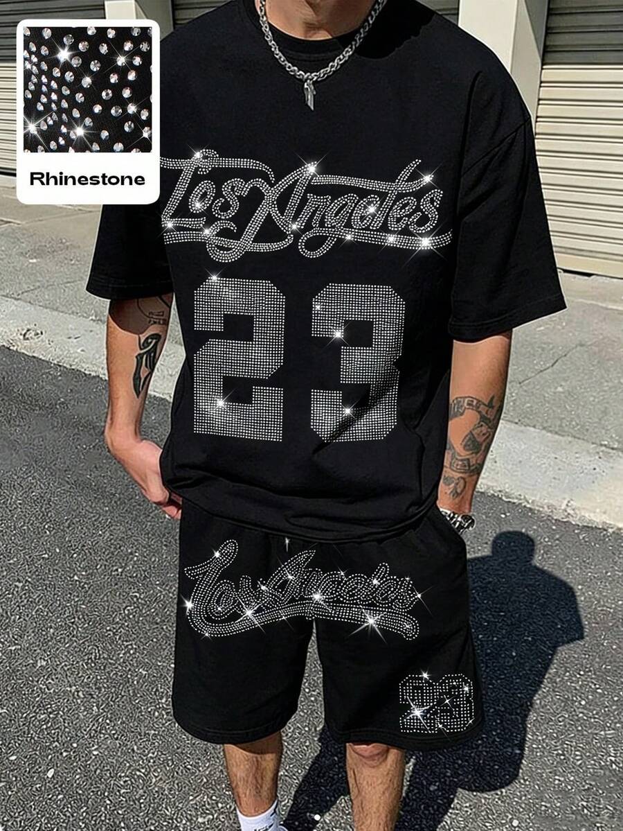 Manfinity EMRG Men's Black Rhinestone Embellished Set, Featuring Los Angeles 23 Graphic, American Streetwear Style, Suitable For Casual, Party, Date, Couple Wear, Summer, Los Angeles 23 Rhinestone Embellished Set - Black - View 1
