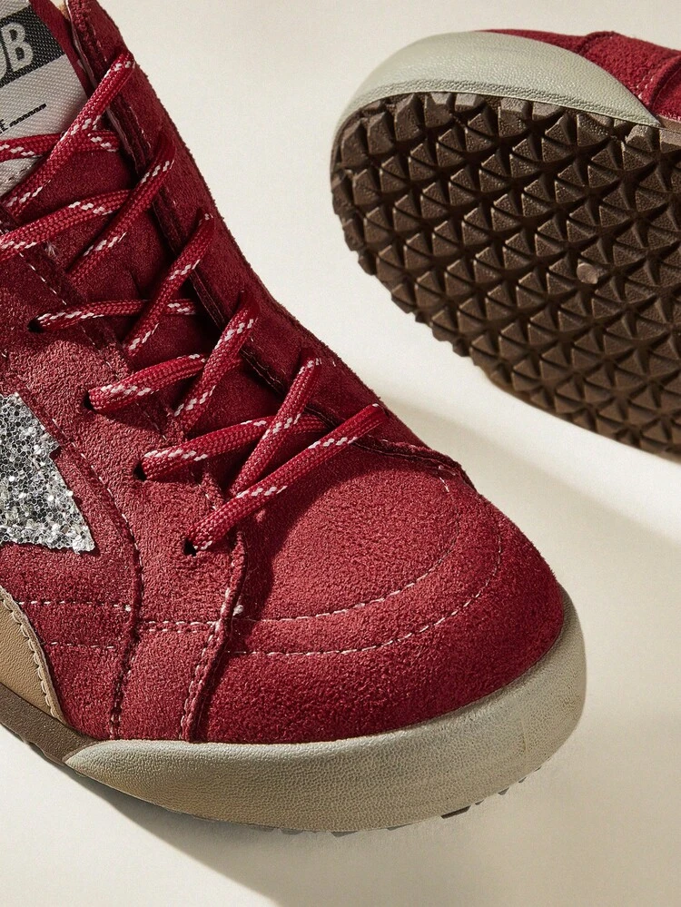 CUCCOO EASI Women's Shoes Color Matching Design Lace-Up Round Toe Flat Bottom Casual Sports Shoes Casual Style Imitation Suede PU Leather Burgundy Casual Sports Shoes Daily Outdoor Sports And Leisure