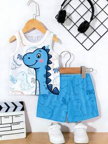 2pcs/Set Baby Boy Casual Cartoon Dinosaur Print Tank Top And Blue Shorts Set, Summer Outfits - Multicolor - View 3