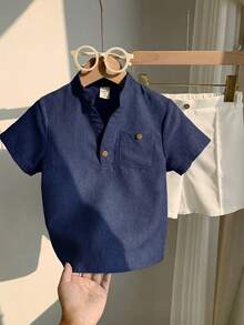 SHEIN LMoss Kids 儿童男童休闲V领短袖衬衫和短裤两件套 - 藏蓝色 - 查看 6