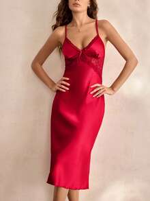 Charlaine 优雅缎面蕾丝长袍睡袍女士睡衣套装，女孩风格 - 酒紅色 - 查看 3