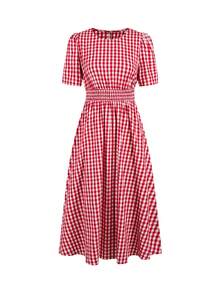 Ellevyn Vestido de línea A con cintura ceñida a cuadros rojos - Rojo y blanco - Ver 9