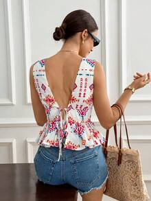 Women's Deep V-Neck Geometric Print Pleated Casual Versatile Daily Wear Blouse,Summer Top,Women's Summer Boho Plunge V-Neck Sleeveless Peplum Top Casual Vacation White Blouse,Elegant White Geometric Print Deep V Neck Ruched Waist Peplum Top For Beach Holiday,Women Summer Top White Boho Sleeveless Deep V Neck Ruffle Hem Peplum Blouse Casual Outfit,Holiday Outfits For Women ,Summer Holiday Outfits ,Casual Suit, Suitable For Everyday Wear. - Multicolor - View 6