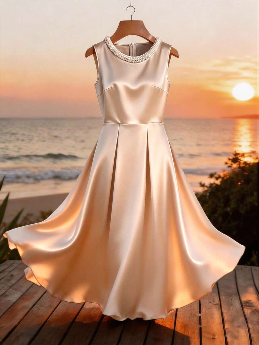 SHEIN LUNE Vestido de punto con cuello redondo decorado con perlas, elástico y brillante, ajustado, que ciñe la cintura con silueta evasé, vestido elegante y de moda, para primavera y verano. Adecuado para uso diario, bodas, banquetes, viajes diarios, fiestas de graduación, eventos festivos y vacaciones. - Champán - Ver 1