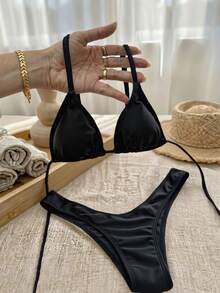 Swim Basics Summer Beach Halter Triangle Bikini - Black - View 3