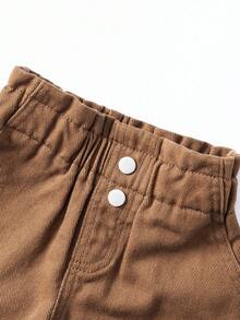 SHEIN Playful Pals 3条装女童A字牛仔短裤，夏季新款休闲时尚简约百搭，褶皱腰身，松紧腰带，双扣设计，穿着舒适，黑色、棕色、浅蓝色水洗3种颜色可选，适合度假、音乐节、学校、派对等场合。 - 彩色 - 查看 4