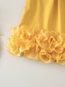Elladie kids Vestido elegante sin mangas para niñas bebé con decoración de lazo y volantes de malla, moda minimalista para primavera y verano - Amarillo - Ver 3