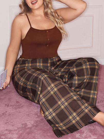 Slumberry CURVE Retro Casual Ins Plaid Print & Comfortable Button Knit Plus Size Pajama Set