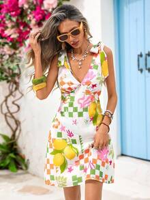 Vivid Eden Vestido Casual Curto Feminino com Estampa Floral e de Limão para Férias/Encontros - Rosa chiclete - Visão 5
