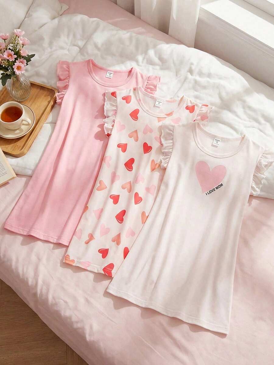 3件套 女童舒适时尚爱心印花短袖荷叶边休闲睡衣家居服套装，春夏款 - 粉色 - 查看 1