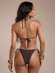 Normani Women's Bikini Set, Sexy Elegant Romantic Vintage Tropical Rainforest Black & White Zebra Print Mini Triangle Cup Halter Neck Tie Bikini Top With Mini Tie Side Bottoms Two-Piece Swimwear Set, Spring/Summer Tie Side Bikini Bottoms Women's Swimwear 2 Pieces Brown Bikini Set Women's Bikini Halter Bikini Top - Brown - View 2