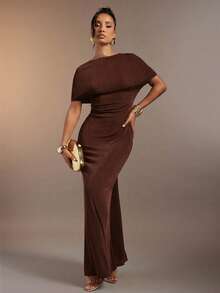 Hauture Women's Sexy High Neck Ruched Maxi Dress With Stylish Ring Decor - Brown - View 2