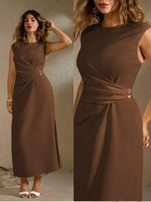 Roveilla Zanzea  Summer Plus Size Chocolate Brown Autumn Elegant Dinner Maxi Dress,Round Neck Waist Gathered Metal Decor Side Slit Sleeveless Office Midi Dress - Brown - View 7