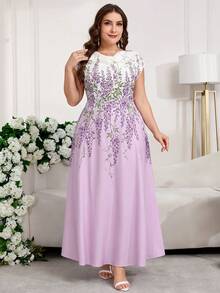 Reflora 大码女式深V领印花优雅收腰派对连衣裙 - 淡紫色 - 查看 8