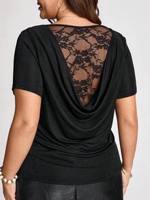 Comfylo Blusa de moda con cuello en V y mangas cortas, con encaje en contraste para mujer de talla grande - Negro - Ver 2