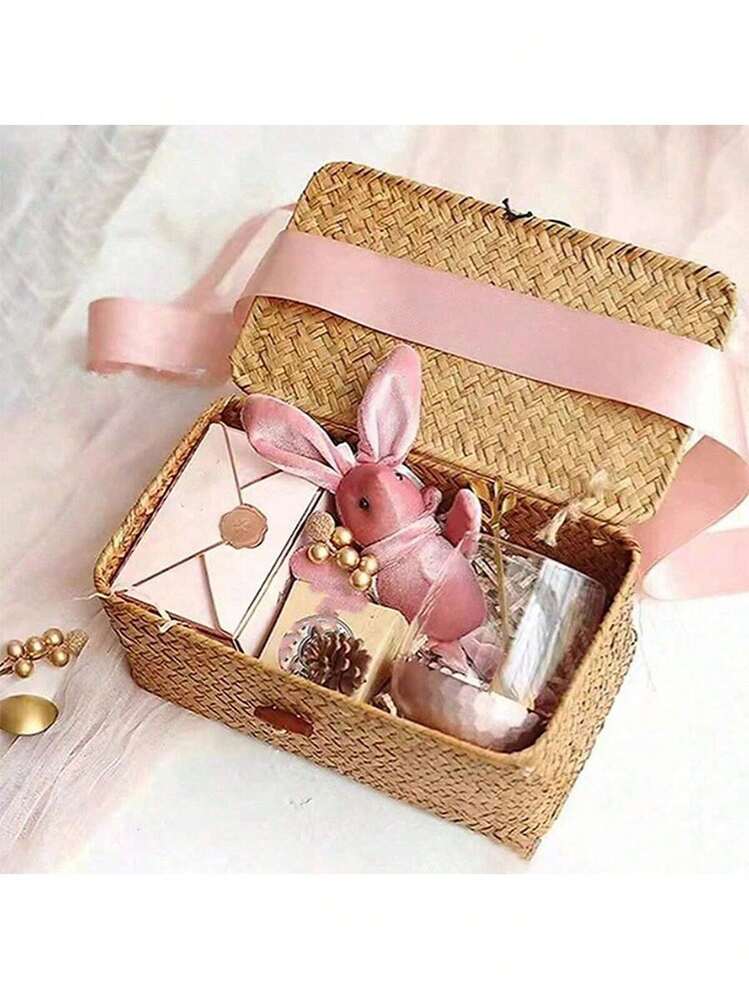 3/1 pieza Cesta tejida con tapa, caja de almacenamiento rectangular, cesta de almacenamiento de ratán, caja organizadora de juguetes, adecuada para sala, pasillo, cocina, dormitorio, excelente para Navidad, Eid, Día de San Valentín, Día de la Madre, caja de regalo - Marrón - Añade 10