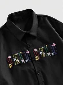 ROMWE MEN Men's Minimalist Printed Short Sleeve Shirt - Black - View 3