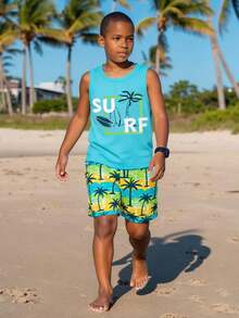Teen Boy Coconut Tree Print Vest And Shorts Set, Beach/Holiday - Multicolor - View 1