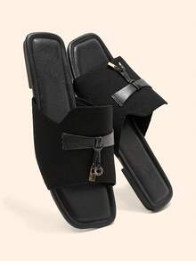 CUCCOO BASICS 女鞋 方头平底黑色针织简约舒适透气时尚平底凉鞋拖鞋 日常百搭通勤女拖鞋 - 黑色 - 查看 2