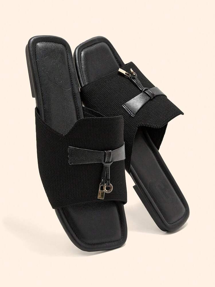 CUCCOO BASICS Women Shoes Square Toe Flat Bottom Black Knitted Simple Comfortable Breathable Women's Fashion Flat Sandals Slippers Daily Versatile Commuter Women's Slippers Summer Shoes