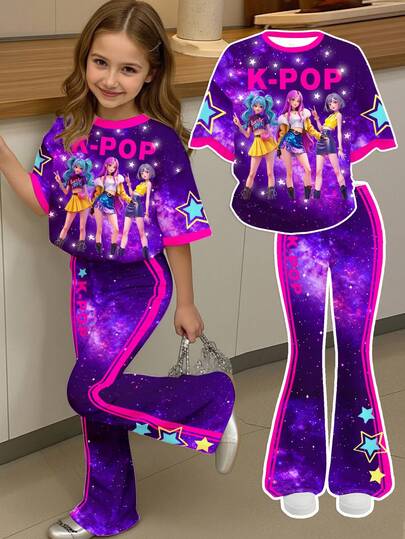 2pcs/Set Tween Girls' Casual Purple Starry Sky K-Pop Cartoon Print Short Sleeve T-Shirt And Pants Set, Suitable For Summer