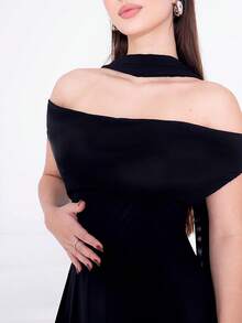 Duda Rubert 女士纯色薄纱垂褶领露背缎带下摆长裙，性感透视度假裙，情人节，女士情人节派对服装 - 黑色 - 查看 3