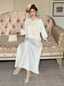 DAZY Đầm dài thanh lịch cổ chữ V tay phồng chất liệu jacquard dành cho nữ - Màu be - Xem 3