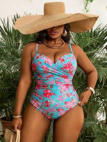Swim Vcay Traje de baño informal de una pieza con estampado aleatorio para mujer de talla grande - verde menta - Ver 5
