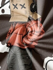 Manfinity EMRG Men's Street Graffiti Style Red Jacket, Cargo Pants, Cardboard Head Mask, Matching "Where Am I" Graphic Round Neck Casual T-Shirt, Young And Rebellious, Anti-Mainstream - Multicolor - View 5