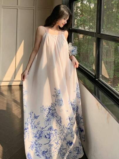 DAZY 女士系领无袖印花长款休闲连衣裙