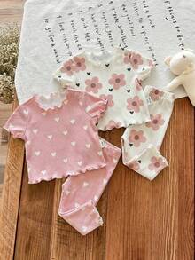 SHEIN LMoss Kids 新生女宝宝四件套休闲碎花荷叶边圆领短袖针织条纹睡衣套装，夏季 - 彩色 - 查看 4