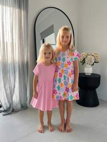 SHEIN Elladie kids 2件套女童休闲多巴胺彩色碎花短袖连衣裙，舒适日常穿搭，夏季 - 粉色 - 查看 3