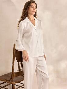 Charlaine Áo cánh satin cổ khoét và quần viền nhún Bộ đồ ngủ/Bộ đồ ngủ Bộ đồ trắng, Trang phục thu đông ấm áp và thanh lịch - trắng - Xem 5
