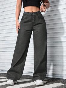 SHEIN ICON 大码女式高腰口袋阔腿宽松休闲牛仔裤，秋冬款 - 黑色 - 查看 3