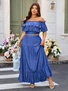 Breezaya Ensemble 2 pièces décontracté de vacances pour femmes grandes tailles : Blouse élégante à épaules dénudées, volants et taille froncée en faux denim + Jupe longue à volants - Bleu azur - Voir 1
