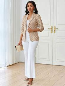 SHEIN Lady 女士蝴蝶结图案翻领七分袖薄款西装外套 - 彩色 - 查看 6