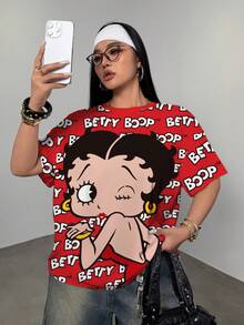 Betty Boop x SHEIN 加大码夏季休闲卡通字母印花短袖T恤 - 白色 - 查看 4