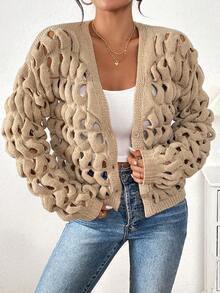Chiquease 时尚休闲小众3D立体纹理秋冬粗针织镂空开衫毛衣（女款） - 卡其色 - 查看 5