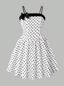 SHEIN 少女波点印花蝴蝶结装饰吊带连衣裙 - 白色 - 查看 4