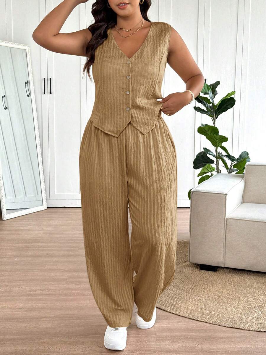 SHEIN Frenchy Plus Size Women Blazer Vest Design Casual Pants Suit - Khaki - View 1