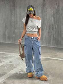 SHEIN PETITE Áo thun nữ ôm sát, gợi cảm, cá tính với thiết kế vai bất đối xứng. - Màu Xám nhạt - Xem 5