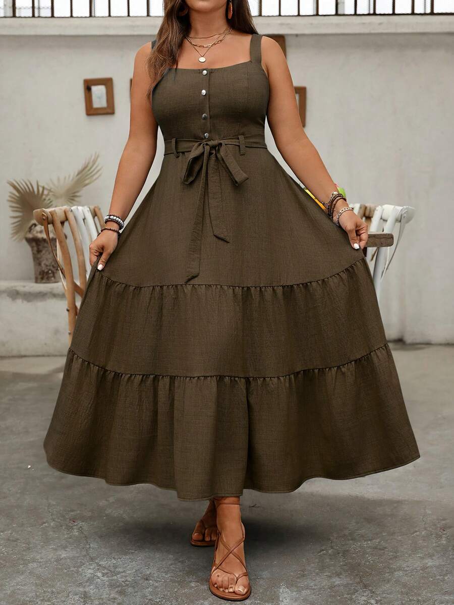 SHEIN Clasi Robe portefeuille décontractée effet jean avec décoration de boutons pour femmes grande taille - Marron - Voir 1