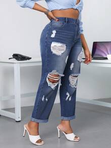 SHEIN SXY 大码女式休闲时尚街头高腰破洞磨边紧身牛仔裤 - 藍色 - 查看 3