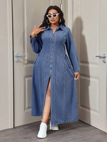 Slaydiva Plus Size Women Casual Zip Front Split Denim Dress For Party - Medium Wash - View 5