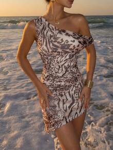 Firerie Đầm mini thanh lịch, gợi cảm, lãng mạn, thích hợp cho tiệc tùng, lễ hội âm nhạc, sinh nhật, tụ họp, phong cách Bohemian, kỳ nghỉ, đi làm hàng ngày, xu hướng thời trang, vạt bất đối xứng, họa tiết da báo, chất liệu lưới, xuyên thấu, hở lưng, thắt eo, xếp ly. - màu nâu - Xem 2