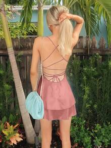 Sydney Algeri Summer Sexy Backless Strap Dress Mini Short Women Outfit Party - Dusty Pink - View 2