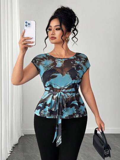 Elenzga Blusa de talla grande elegante, de moda y cómoda con efecto tie-dye para mujeres