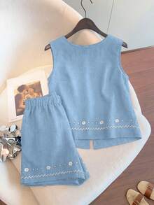 Franclia 女士休闲度假套装，圆领露背扎染印花上衣搭配扎染短裤，春夏款 - 藍色 - 查看 2